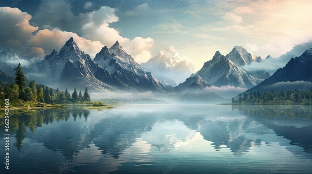  a painting of a mountain range with a lake in the foreground.  generative ai