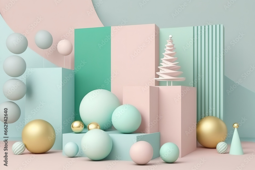 Christmas and New Year's minimalist mockup with abstract background in pastel colors for podium, modern stage, exhibition, or showcase. Generative AI