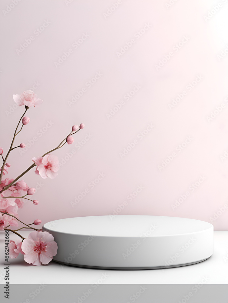 Minimalistic white mock up podium with pink blossom flowers and soft pink background wall for product presentation 