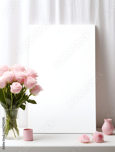 Empty white frame mock up with pink roses in vase, white background
