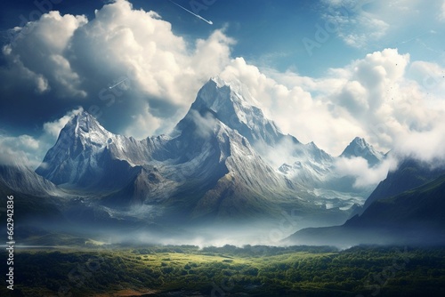 Scenic landscape with lofty peaks and fluffy clouds. Generative AI