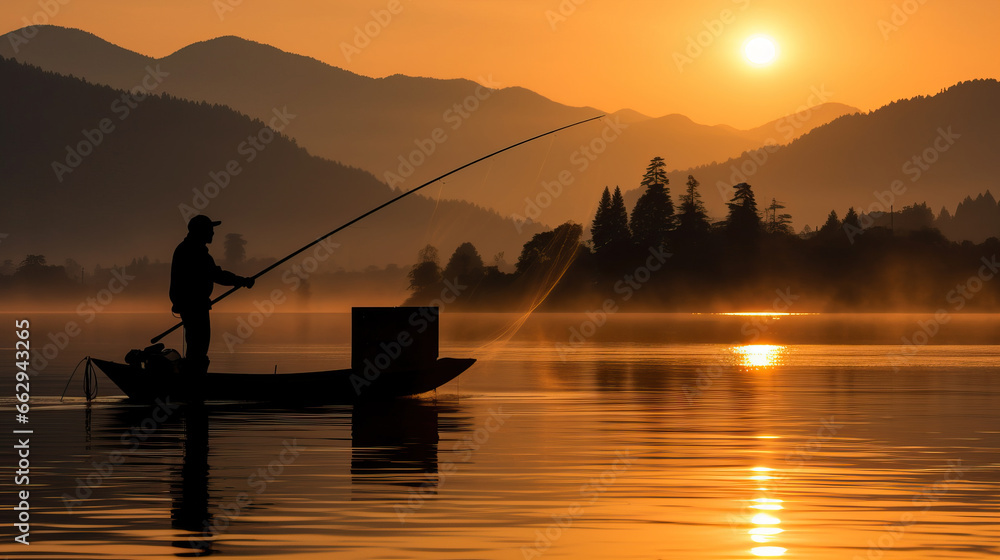 Silhouette of fisherman fishing on the lake at sunrise time