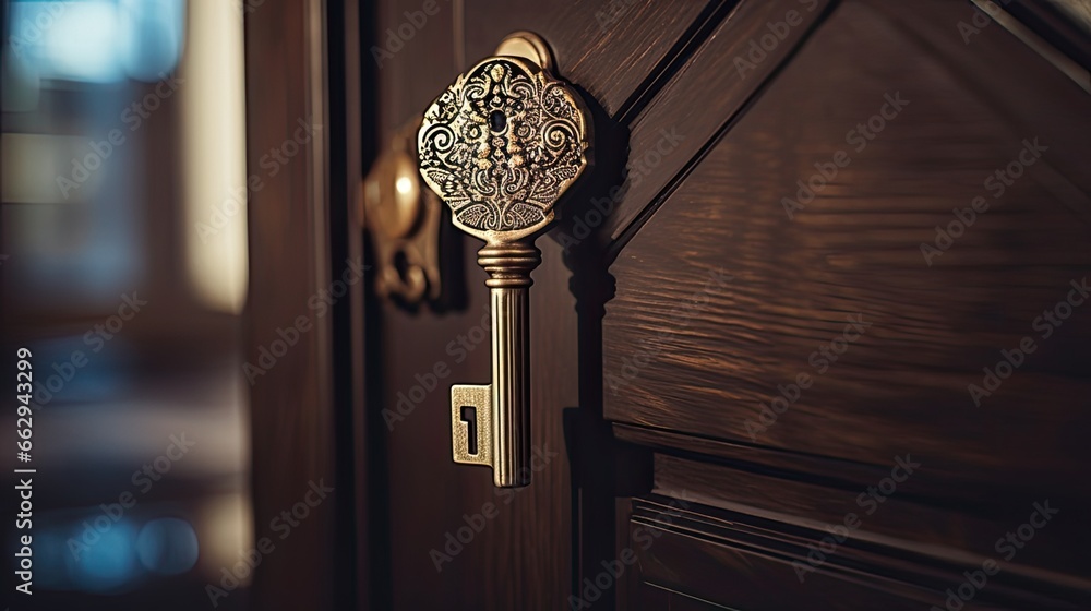 a close-up of keys in the lock of a house door - obrazy, fototapety, plakaty 