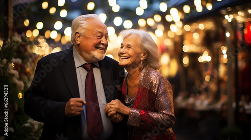 Happy senior man and woman old retired couple dancing and holding hands
