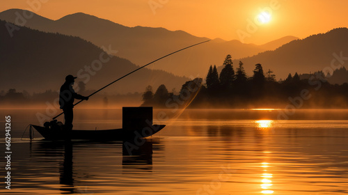 Silhouette of fisherman fishing on the lake at sunrise time