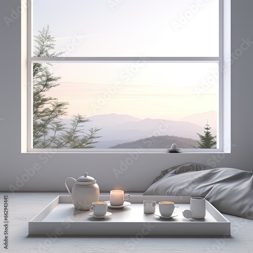 a large window with a serene view and a simple window sill decorated with hot tea and cups