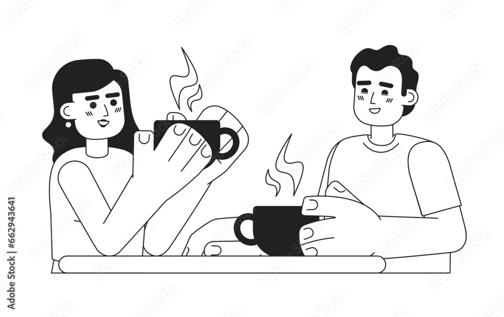 Coffee with friend monochromatic flat vector characters. Spending time. Drinking hot beverage. Editable thin line half body people on white. Simple bw cartoon spot image for web graphic design Coffee with friend monochromatic flat vector characters. Spending time. Drinking hot beverage. Editable thin line half body people on white. Simple bw cartoon spot image for web graphic design