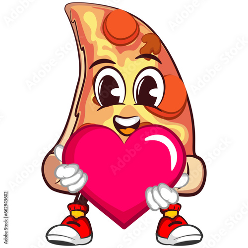 vector mascot character of a slice of pizza with a big pink heart