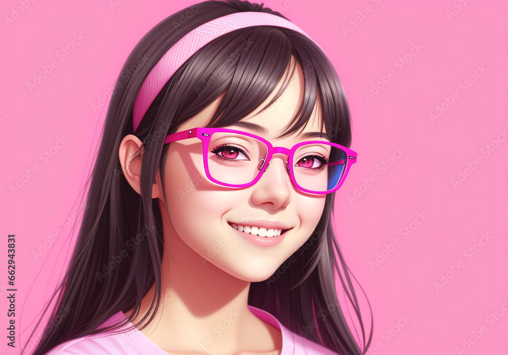Portrait of a beautiful young woman with pink glasses. Pink background. Portrait of a beautiful young woman with pink glasses. Pink background.