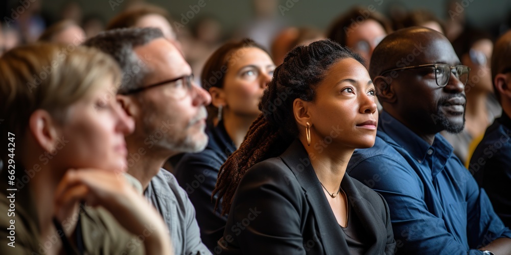 Diverse group of attentive conference attendees are deeply engaged, listening to a captivating speaker , concept of Active participation - obrazy, fototapety, plakaty 