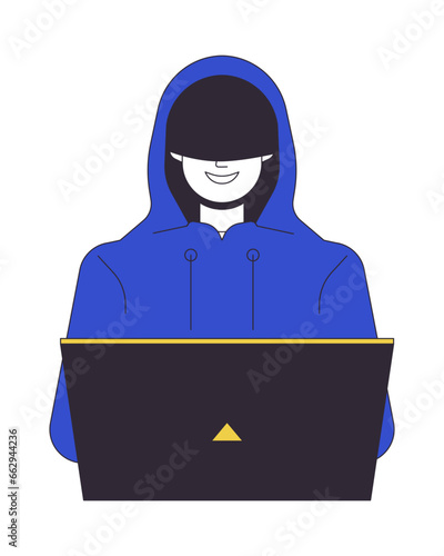 Hacker in hood smiling flat line color vector character. Coding on laptop. Cyberspace. Editable outline full body person on white. Simple cartoon spot illustration for web graphic design