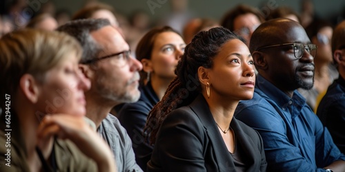 Diverse group of attentive conference attendees are deeply engaged, listening to a captivating speaker , concept of Active participation © koldunova