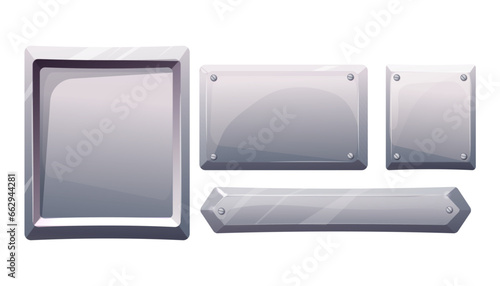 Set metal plate, steel frame, iron panel game menu in cartoon style silver color isolated ob white background. Board template.