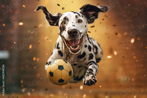 funny picture of a  dog  a dalmatian  jumps high into the air chasing a ball