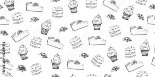 Seamless pattern with desserts. Hand drawn cake, cheesecake, tiramisu, chocolate bar, cupcake. Sketch style background with sweets isolated on white background