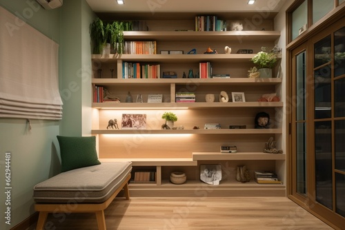 A comfortable, contemporary reading corner with wooden bookshelf, cozy seating. Generative AI