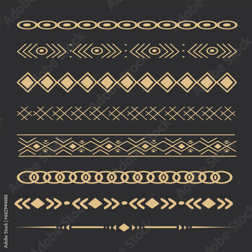 Set tribal golden ethnic arrow dividers, native indian bow boho in doodle style isolated on dark background. Collection borders, decoration elements
