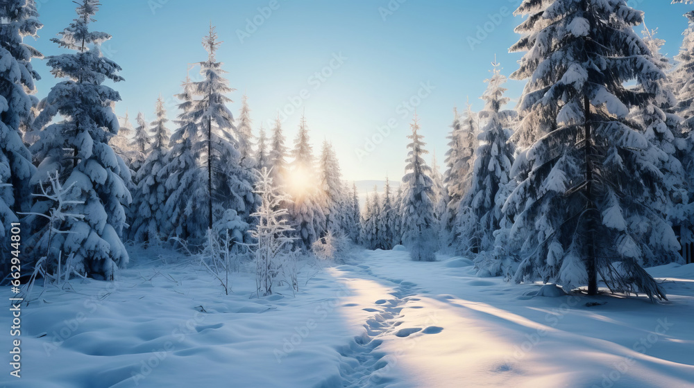 Winter forest landscape with snow-covered fir trees.