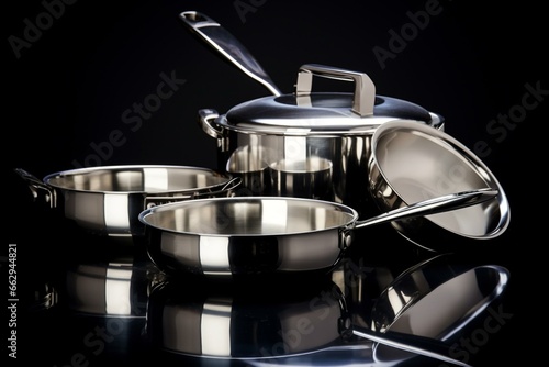 Cookware made from stainless steel with a shiny appearance. Generative AI