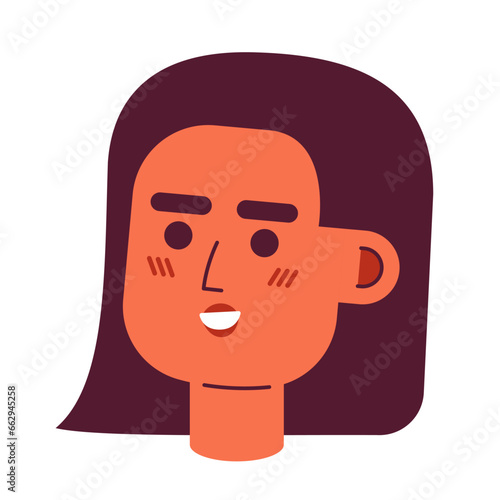 Latin american young woman smiling 2D vector avatar illustration. Hispanic woman cartoon character face. Confident latina female portrait. Positive flat color user profile image isolated on white