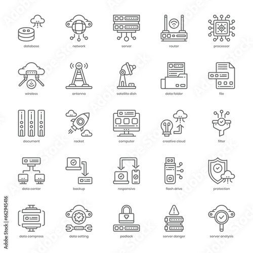 Data and Network icon pack for your website design, logo, app, and user interface. Data and Network icon outline design. Vector graphics illustration and editable stroke.