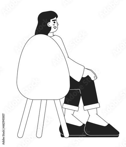 Hispanic young adult woman sitting in chair back view black and white 2D cartoon character. Latin american female isolated vector outline person. Attendee latina monochromatic flat spot illustration