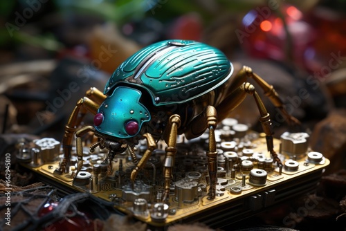 A close up of a toy insect on a circuit board