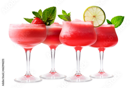 Set of Strawberry margarita cocktails in salt-rimmed glass isolated on white background photo