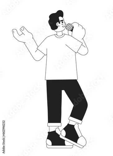 Hispanic adult man speaking into microphone black and white 2D cartoon character. Latin american male isolated vector outline person. Latino stand up comedian monochromatic flat spot illustration