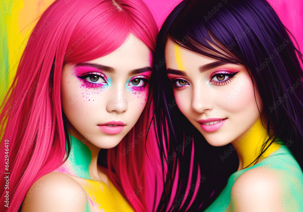 Portrait of beautiful young women with bright makeup and colorful hair. Beauty, fashion. Portrait of beautiful young women with bright makeup and colorful hair. Beauty, fashion.