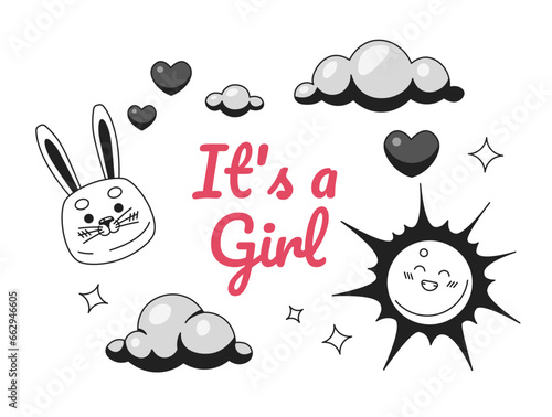Girl baby shower monochrome greeting card vector. Sunshine cloudscape black and white illustration greetingcard. Cute bunny daydreaming sky 2D outline cartoon ecard, special occasion postcard image