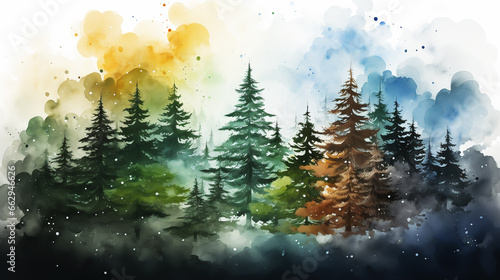 Watercolor Christmas tree illustration. Happy New Year card