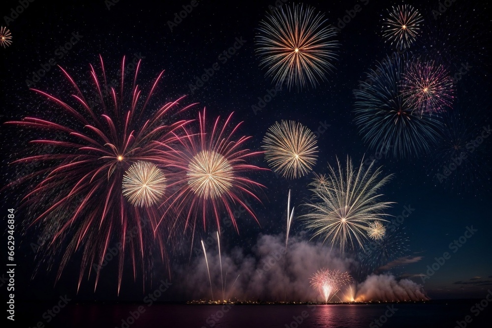 Naklejka premium Colorful Fireworks for celebrating Happy New Year by Generative AI