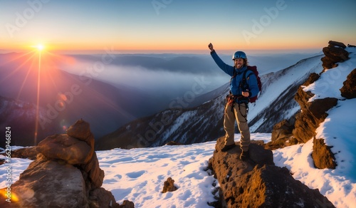 Hiker standing on the top of a mountain and enjoying the beautiful sunrise © whitecityrecords