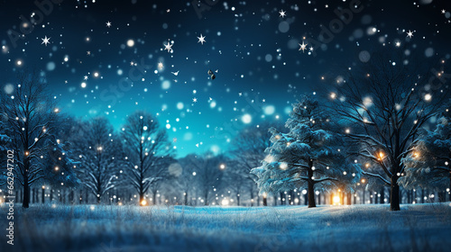 Christmas tree decoration in winter forest with northern lights in the night sky