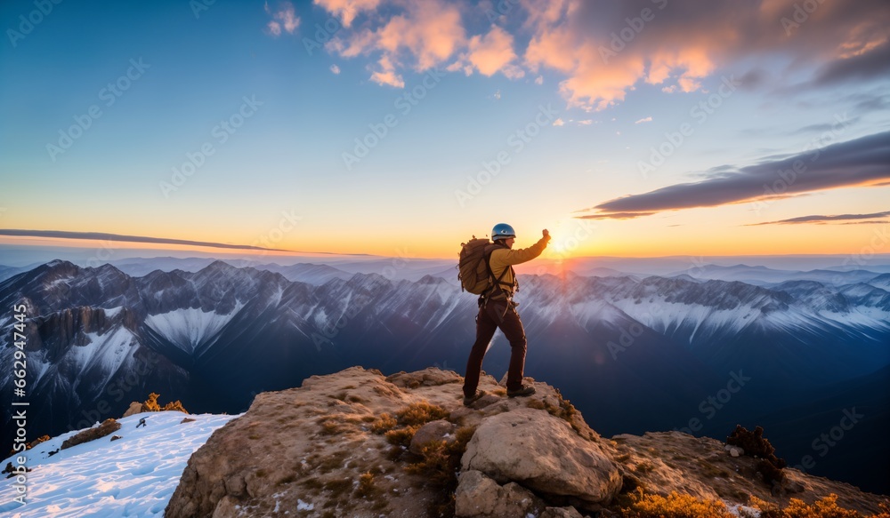 Hiker standing on the top of a mountain and looking at the sunset