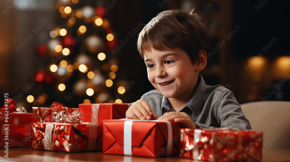Merry Christmas and Happy Holidays! Cheerful cute children opening gifts. Merry Christmas and Happy Holidays! Cheerful cute children opening gifts.