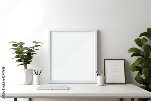 Minimal blank frame on workspace. Business office concept. Generative AI