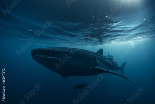 A ship floats over a whale shark swimming in the ocean underwater. Generative AI © Xanthe