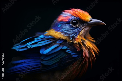 A vibrant bird against a dark backdrop and a blue setting. Generative AI