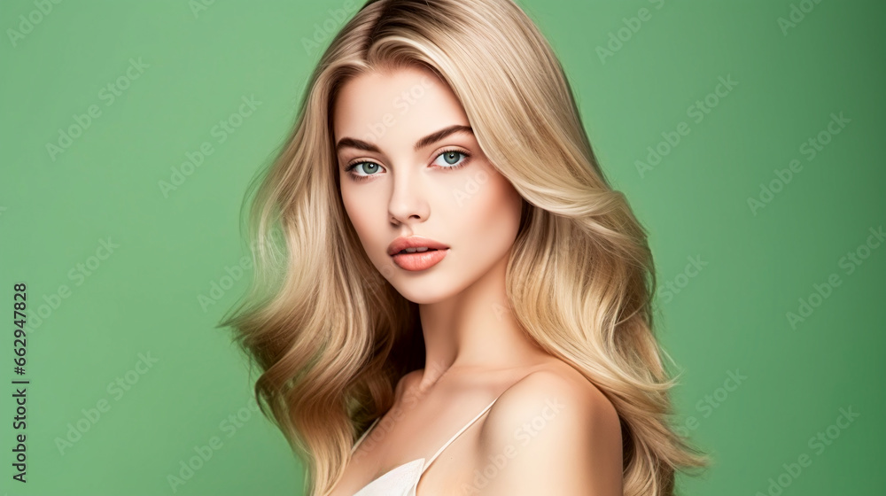 beauty portrait of a cool female blonde model against green background
beauty portrait of a cool female blonde model against green background