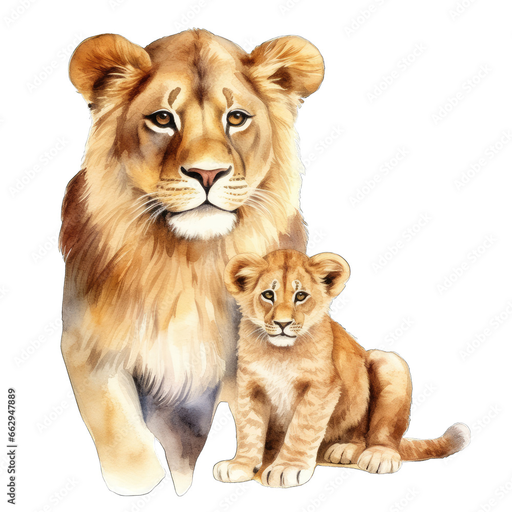 Obraz premium Lion and baby lion cub, isolated on transparent background