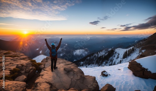 Climber on top of a mountain with his arms outstretched.
