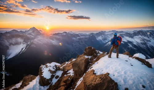 Hiker on the top of the mountain at sunrise. Beautiful winter landscape © whitecityrecords
