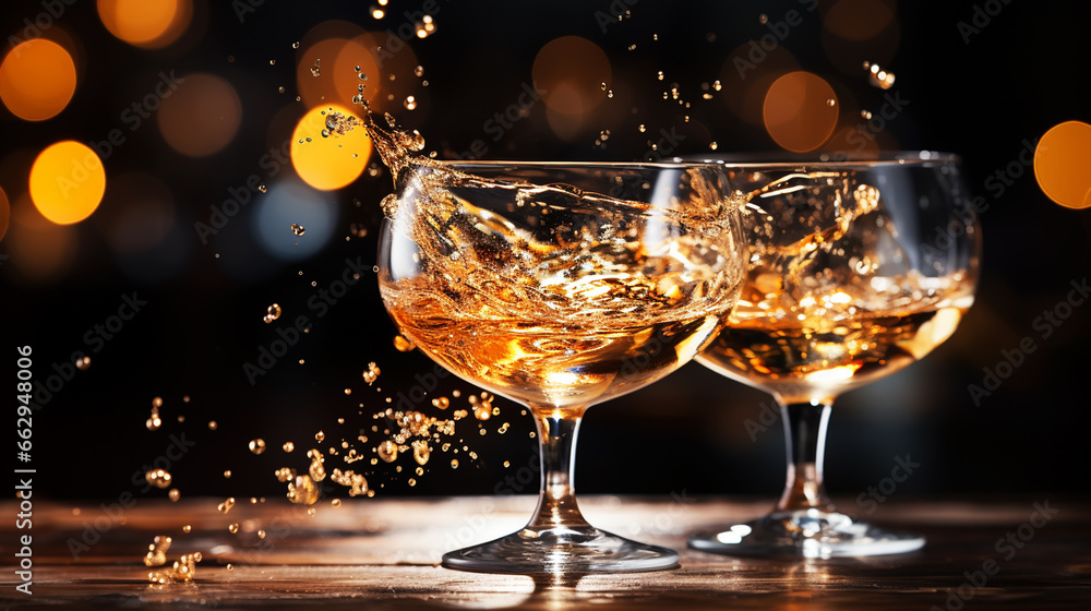 Glasses of champagne with splash, celebration theme. Glasses of champagne with splash, celebration theme.