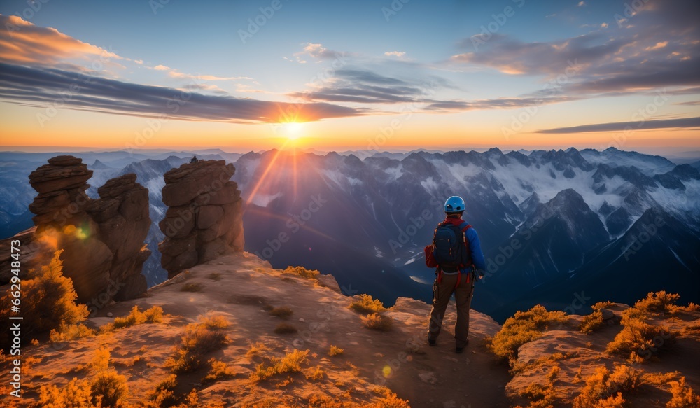 Silhouette of a climber on the top of the mountain against the backdrop of a beautiful sunset