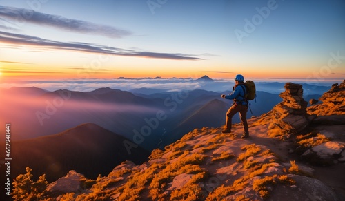 Silhouette of a climber on the top of the mountain against the backdrop of a beautiful sunset © whitecityrecords