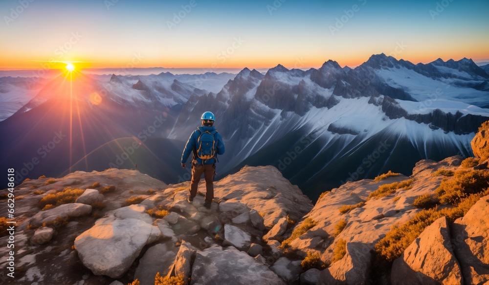 Backpacker on the top of a snow covered mountain during a beautiful sunset