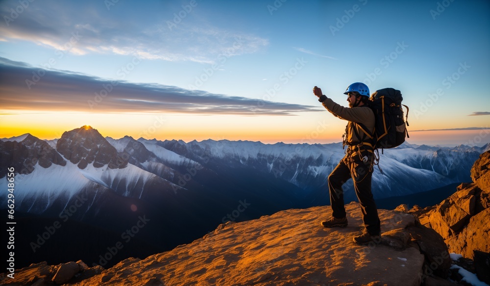 Hiker on the top of a mountain with raised hands at sunrise