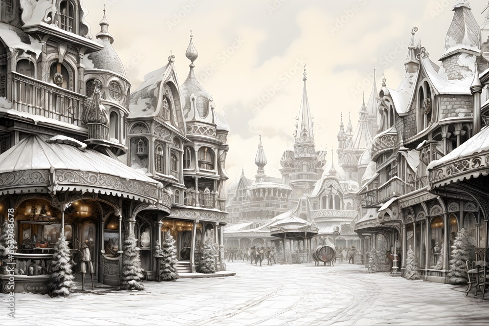 A detailed pencil drawing of a Victorian-era Christmas market. Holiday illustration - obrazy, fototapety, plakaty 